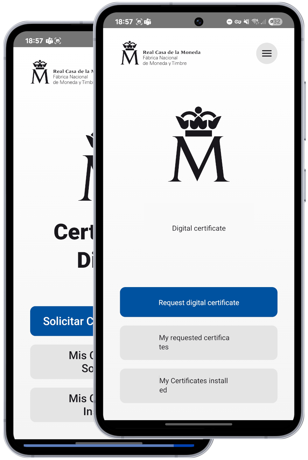 Screenshot showing translation of Certificado Digital FNMT app from Spanish to English